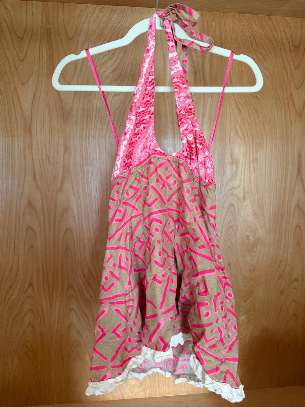 Vintage Free People Pink Halter Top with Neutral Geometric Print